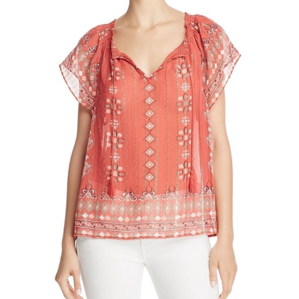 NWOT Joie Averig Terracotta Bloom Sheer Metallic Peasant Blouse Small
